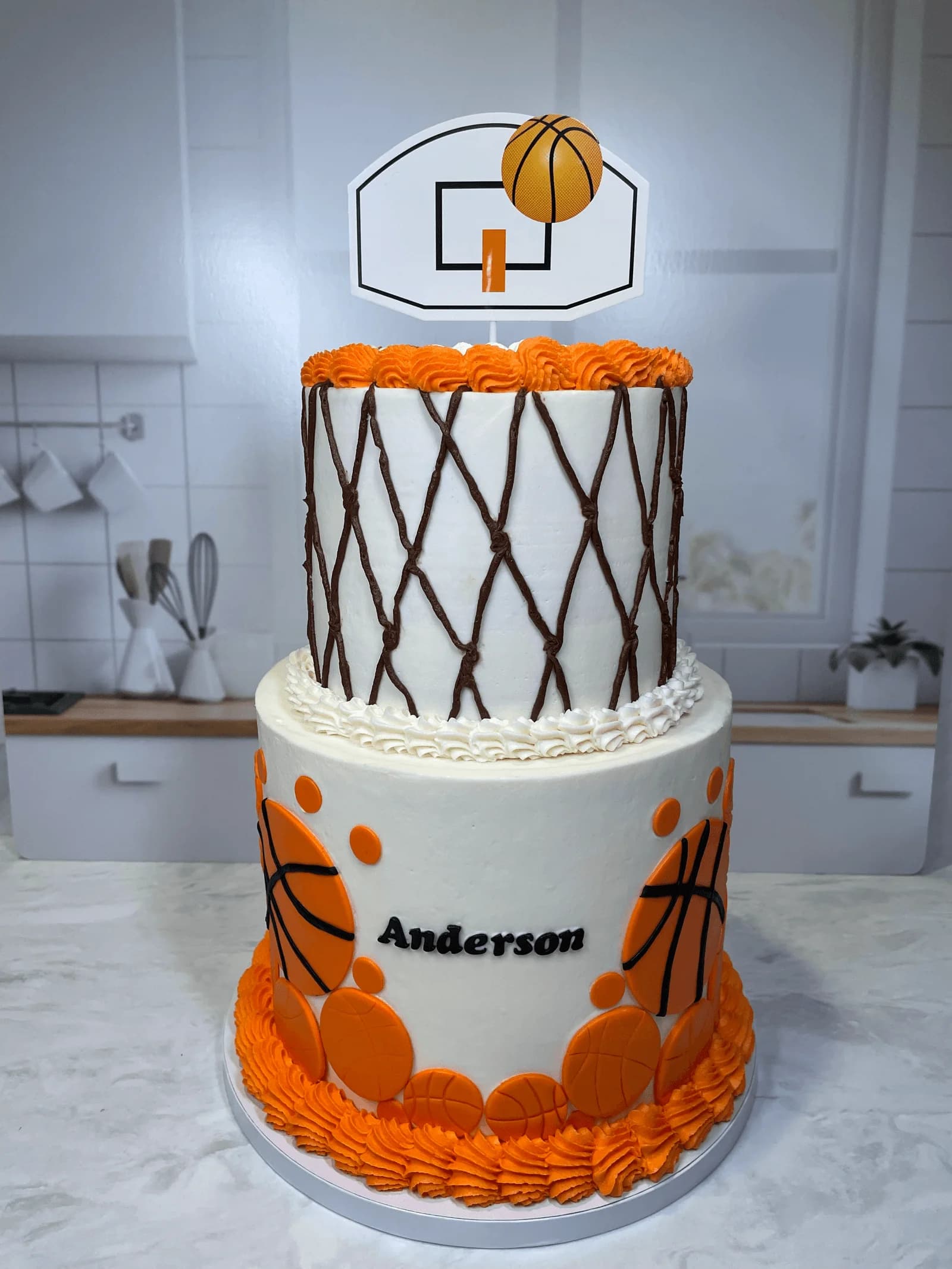 Basketball sports themed two-tier birthday cake