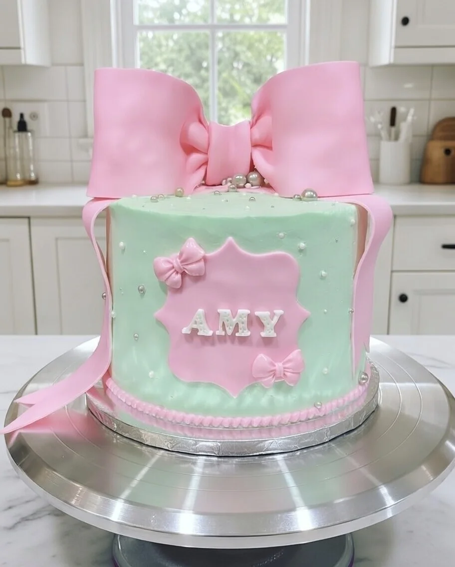 Mint green gift box birthday cake with large pink fondant bow, pearl accents, and personalized name plaque