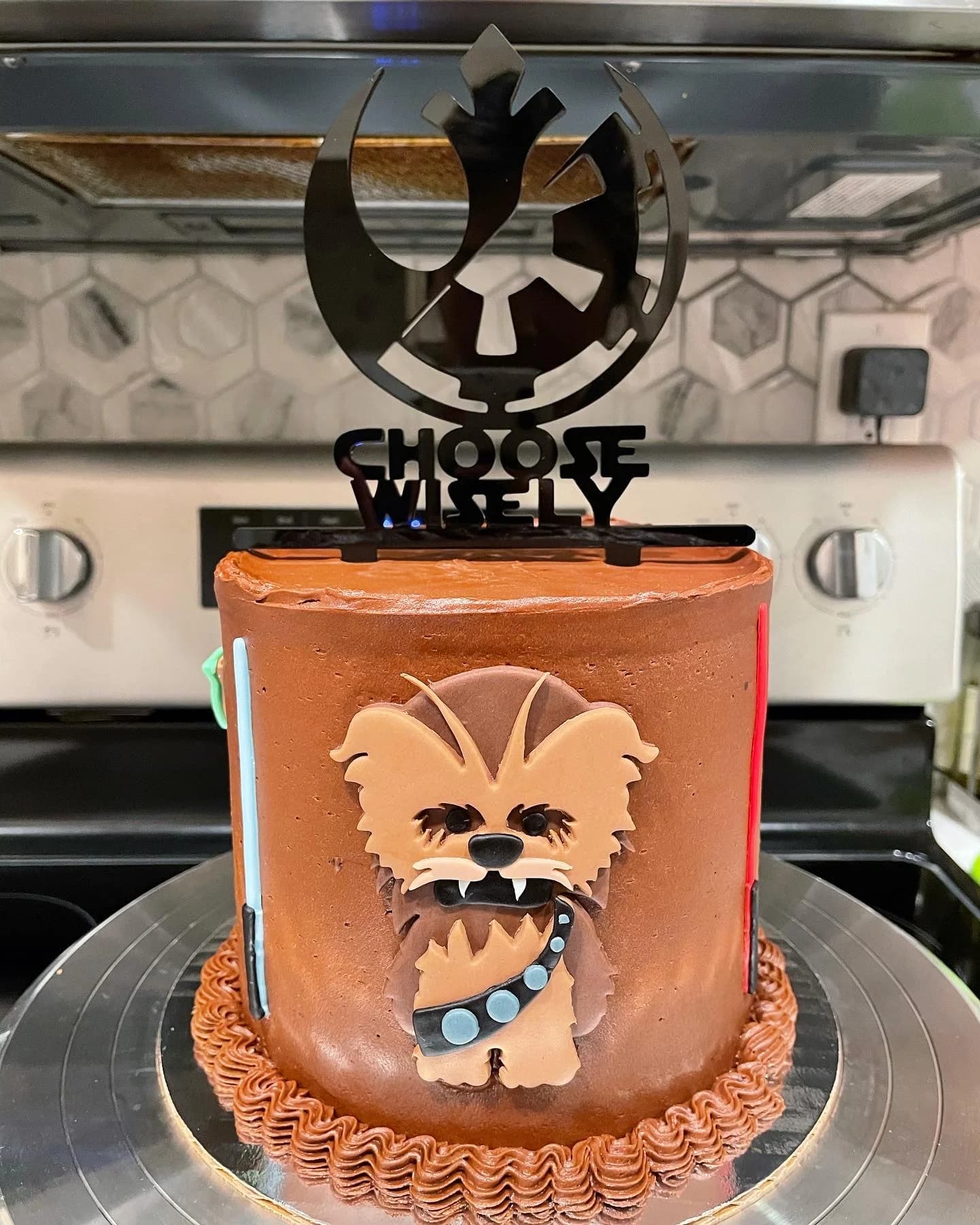Star Wars Chewbacca chocolate cake with Rebel Alliance and Empire topper and Choose Wisely message