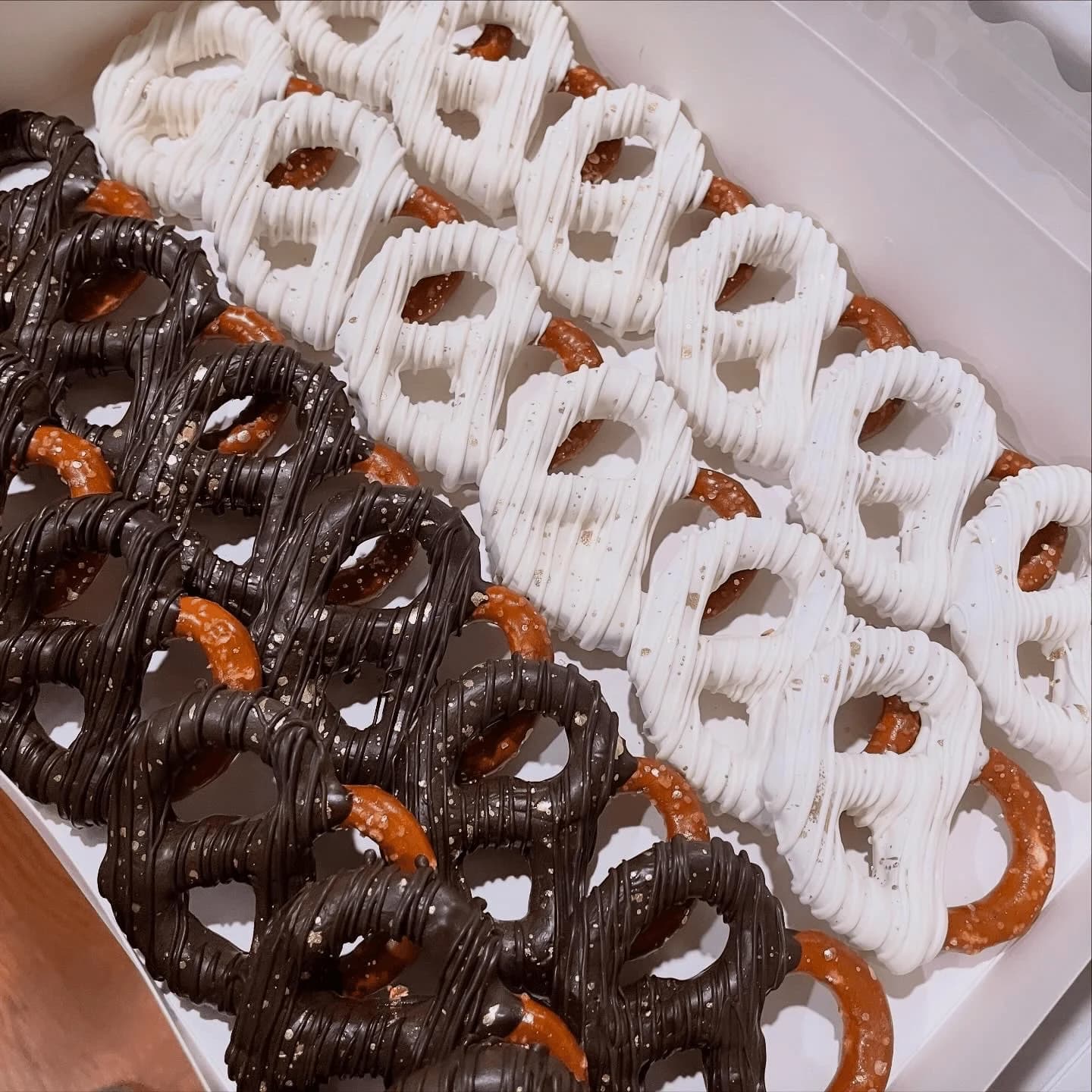 Dark and white chocolate covered pretzel twists