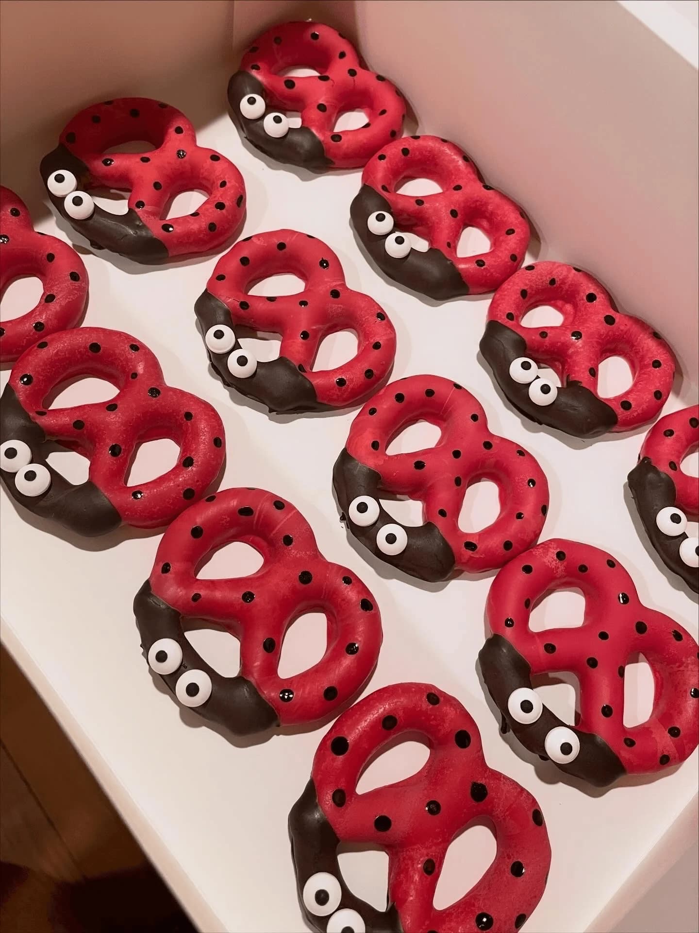 Cute ladybug decorated chocolate pretzels