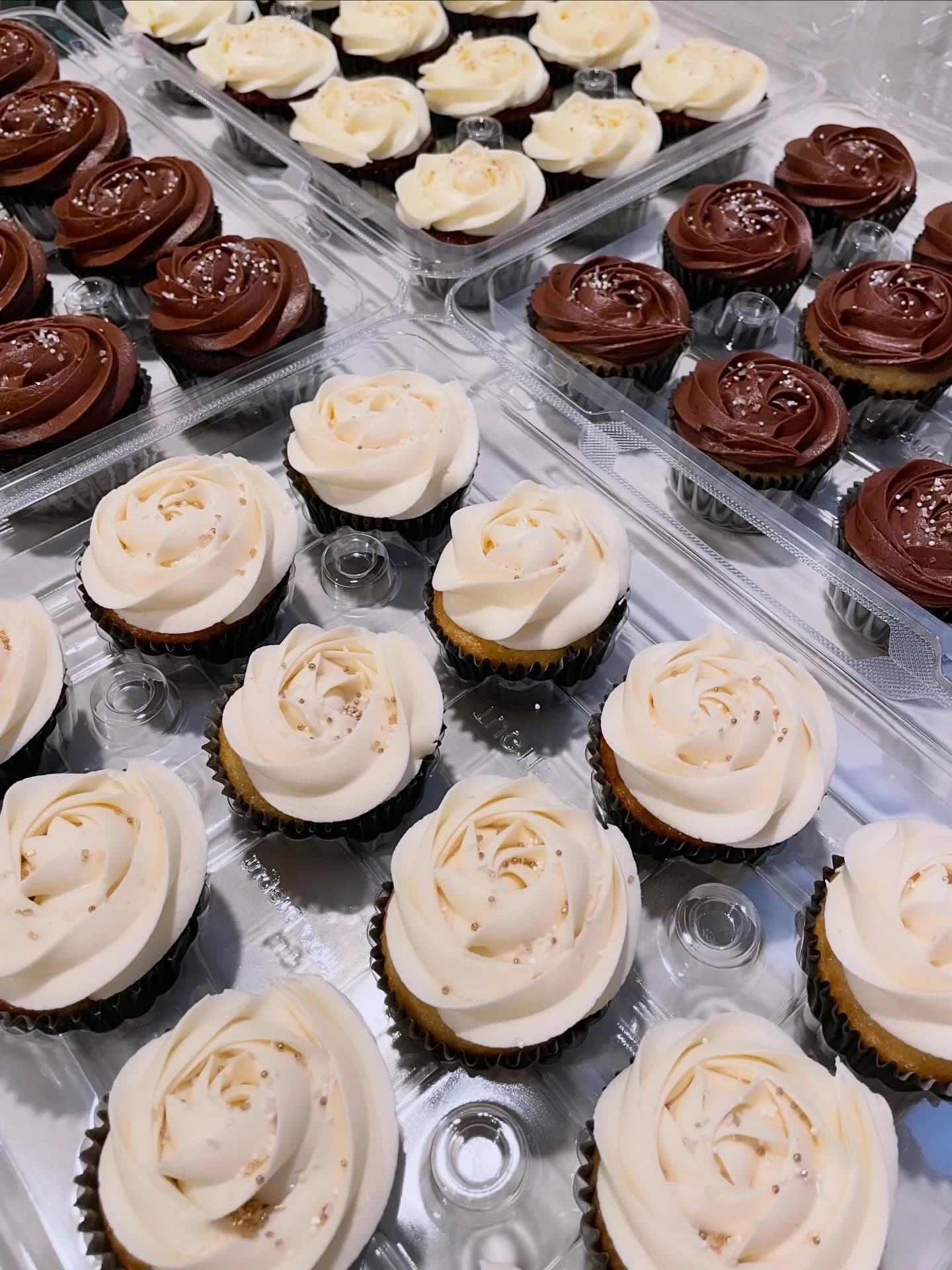 Assorted vanilla and chocolate cupcakes with rosette swirl frosting and gold sprinkles in bulk trays