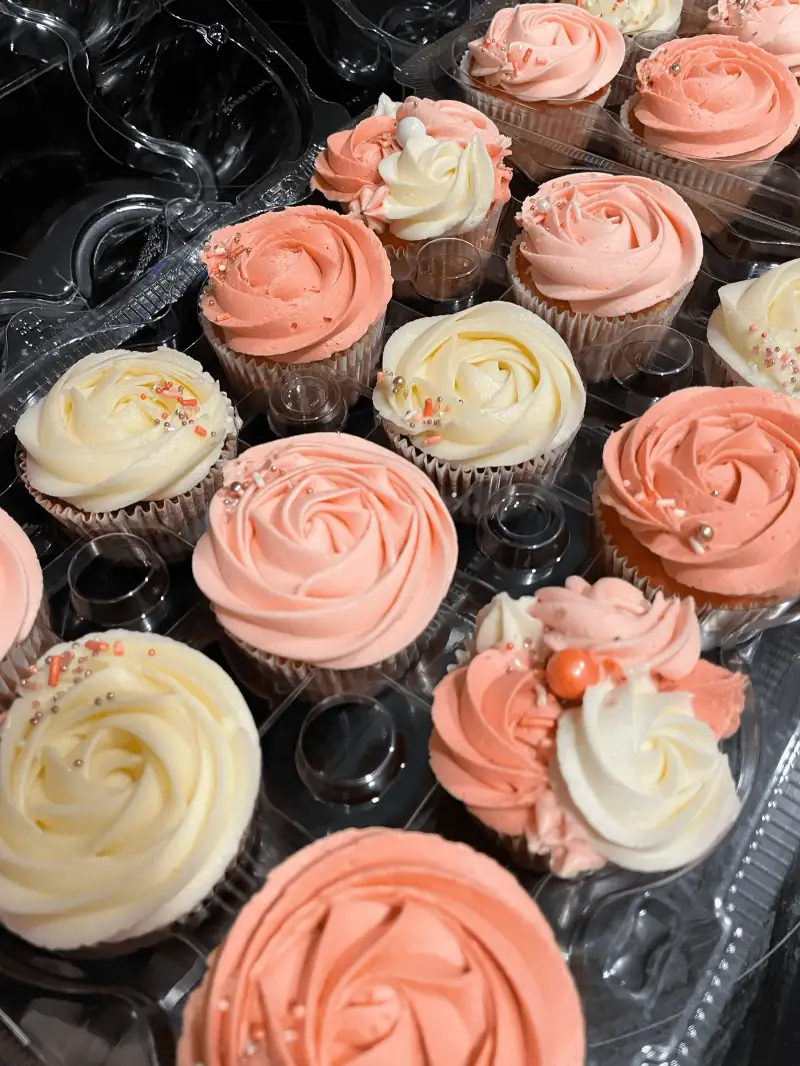 Pink and white rose swirl cupcakes for wedding or shower